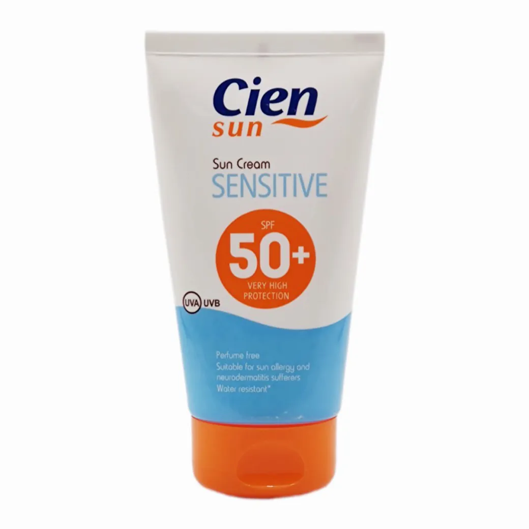 Cien Sun - کرم ضد آفتاب سین حاوی +SPF50 بی رنگ مناسب پوست حساس حجم 150 میل cien sun Sensitive Sunscreen Spf50+ Volume 150ml