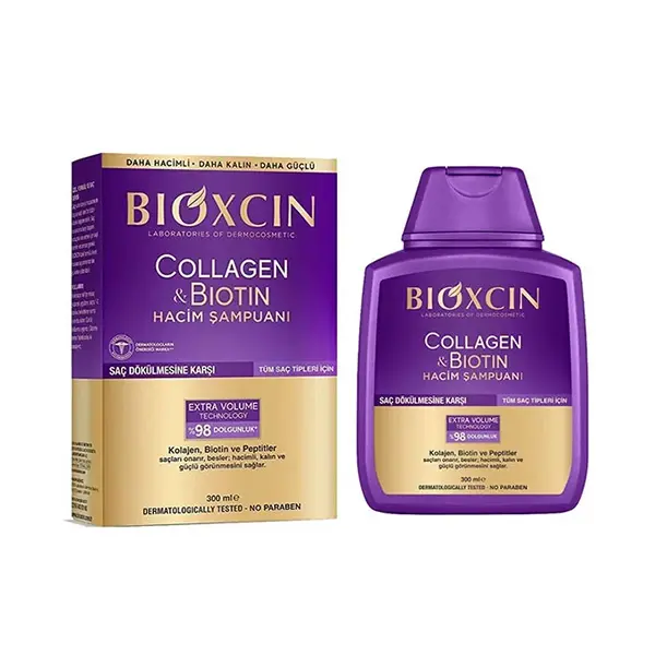 bioxcin - شامپو بیوکسین بنفش تقویت کننده مغذی ضدریزش و حاوی کلاژن و بیوتین bioxcin biotin collagen shampoo